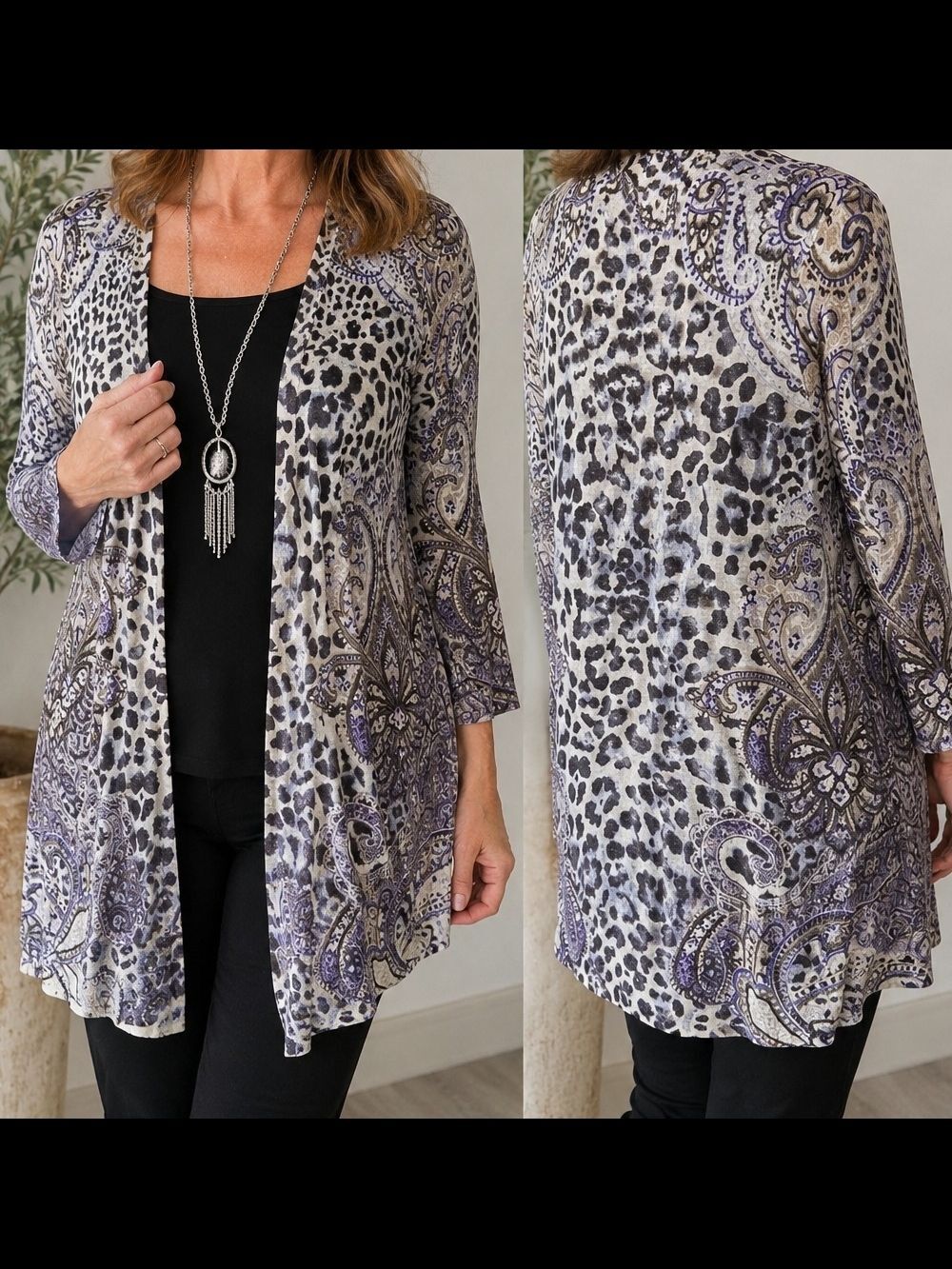 Chico’s Linen Blend Open Cardigan Animal Print Paisley Purple Beige Size 2 Large